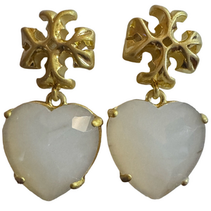 Tory Burch New Roxanne Brass Crystal White Heart Drop Earrings